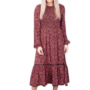 Lost + Wander Pick Me Sugar Smocked Midi Dress Black Crochet Trim Size L